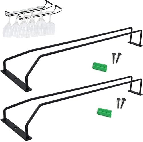 2 Pièces Stemware Rack à Pied Suspendu, Porte-Verre à Vin Sous Meuble, Range-Verres à Vin Avec Pieds, Porte-Verres Suspendu Chrome, Porte-Verres à Pied Suspendu, pour Cuisine ou Bar, Noir,35CM