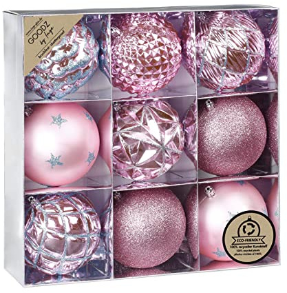 Weihnachtskugeln Kunststoff 10cm x 9 Stück Muster Ornamente Mix Christbaumkugeln (Rosa)