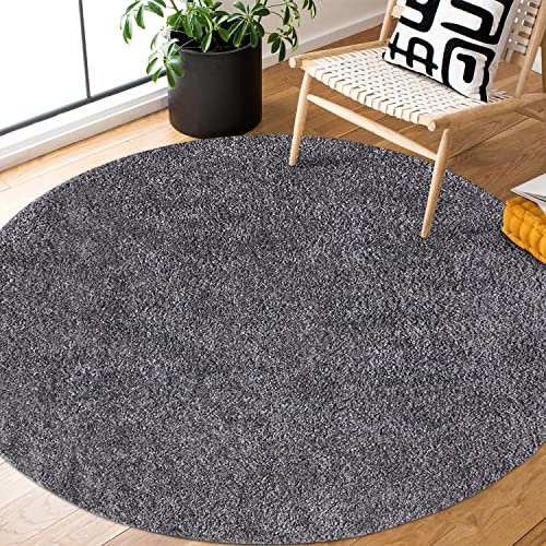 payé Teppich Rund Hochflor Shaggy - 200x200cm - Anthrazit Einfarbig Uni Flauschig Modern Boho Wohnzimmer Schlafzimmer Deko Teppiche Weich Schlafzimmer