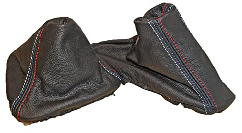 Schaltsack und Bremsmanschette kompatibel mit E90 E91 Echtleder schwarz Naht Sport