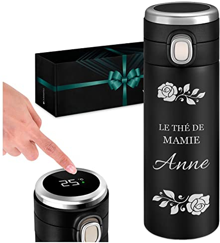 Maverton Mug de voyage personnalisé - Bouteille isotherme 400 ml - Gourde isotherme avec Afficheur de température LED - Thermos gravé pour femme - anniversaire - cadeau mamie original - thé