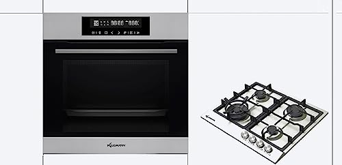 Set cuisinière encastrable avec four et plaque de cuisson à gaz, 1 tiroir télescopique, en acier inoxydable