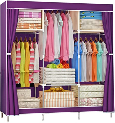 BICIBO Kleiderschrank Leinwand Kleiderschrank Stoff Kleiderschrank Faltbarer Kleiderschrank Aufbewahrung Organizer Mit Kleiderstange,Kleiderschrank Regale Für Schlafzimmer,Lila-105x46x156cm