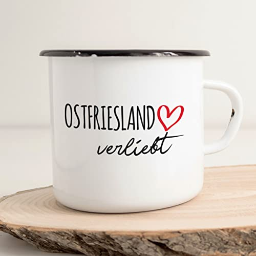 Huuraa Emaille Tasse Ostfriesland verliebt Geschenk 300ml Vintage Ostfriesland Geschenkidee