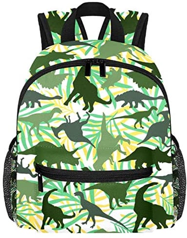 VAPOKF Leichter Schulrucksack, Kleinkind-Rucksack, kleine Reise-Umhängetasche für Jungen, Mädchen, Kinder, grüner Jura-Dinosaurier, tropisches Blatt, multi, 25.4x10x30 CM/10x4x12 in