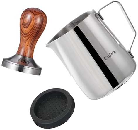 Cofez Kaffee Tamper Set 58mm - Espresso Tamper Set inklusive Tampermatte und 350ml Milchkännchen - Barista Zubehör für Siebträger Kaffeemaschine