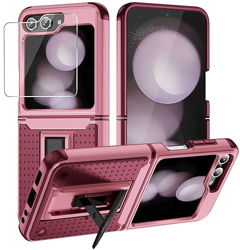 Micoden for Samsung Galaxy Z Flip 5 Hinge Protection Heavy Duty Shockproof Case with Outer Screen Protector Built-in Stand Silicone PC Bumper Phone Cover for Samsung Z Flip 5 5G Pink