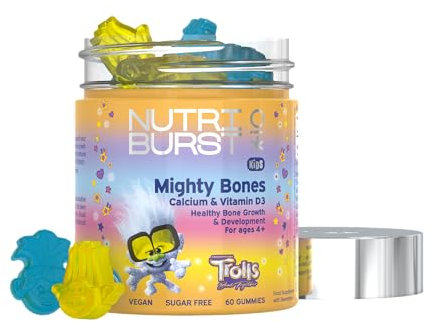 Nutriburst Trolls Kids Mighty Bones - Vitamin D3 + Calcium Chewable Vitamin - Healthy Bone Development - Vitamin D3 (25µg) + Calcium (240mg) - Vegan + Sugar Free - Strawberry Flavour - 60 Gummies