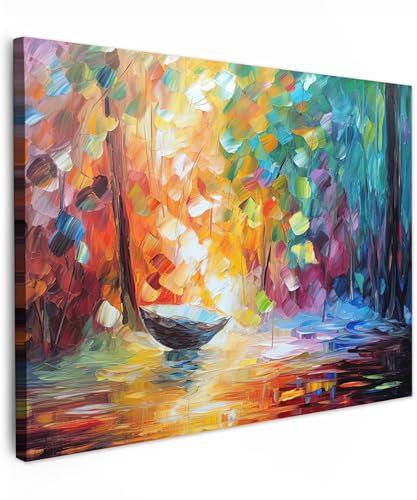 MuchoWow© Leinwandbild Dekoration Wohnzimmer Bilder Aufhängen Wall | 70x50 cm - Decoration Living Room Wohnungs Deko Moderne Kunstdruck - Bunt - Ölfarbe - Wasser - Boot