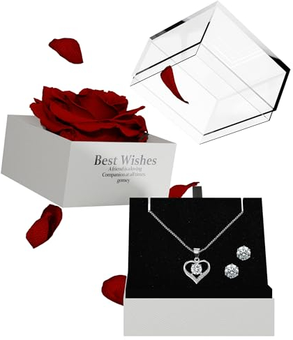 gomey® | Ewige Echte Rose mit Herz Halskette aus 925 Sterlingsilber, Ohrringe, Ewige Rose im Glas, Rosenbox, Weihnachten, Valentinstag, Jahrestag, Schmuckset, Geschenk für Frauen Freundin