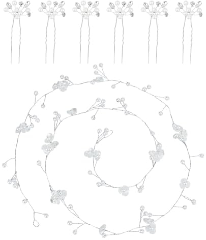 GOMAKERER 1 Stück Braut-Hochzeits-Haarranke Und 6 Stück Perlen-Haargabeln, Extra Langes Braut-Kopfstück Aus Perlen Und Kristallperlen Silberner Blumen-Haarschmuck Für Frauen, Hochzeitsdekoration