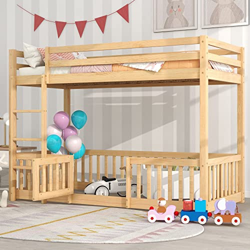 Lexiou Litera con escalera de ángulo recto, cama con vallas y puertas, cuna con protección contra caídas y rejilla, madera maciza