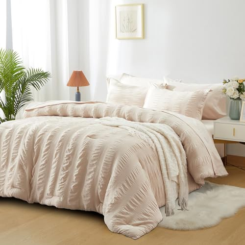 Tospass Seersucker Bettwäsche 135x200 cm Geprägt Gestreift Streifen Beige Creme Bettwaren-Sets Weiche Bettbezug Gebürstet Mikrofaser 1 Deckenbezug mit Reißverschluss 1 Kissenbezug 80x80cm