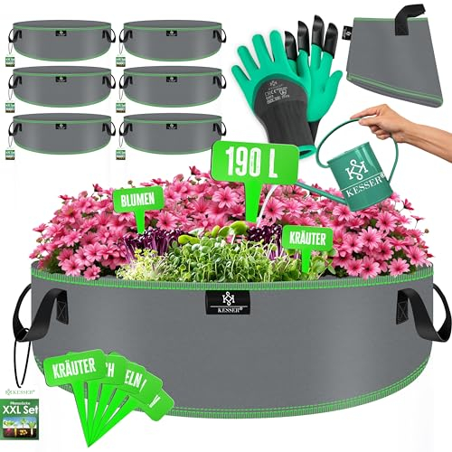 KESSER® Pflanzsack 190 Liter - 6er Set | Pflanzsäcke aus Vlies-Stoff inkl. Schildchen & Gartenhandschuhe | Kartoffel-Pflanztasche mit Fenster & Griffen | Pflanzbeutel für Gemüse Blumen Früchte Grau