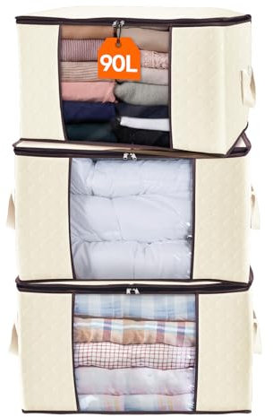 Lifewit Large Capacity Clothes Storage Bag Organizer with Reinforced Handle Thick Fabric for Comforters, Blankets, Bedding, Foldable with Sturdy Zipper, Clear Window, 3 Pack, 95L, Beige
