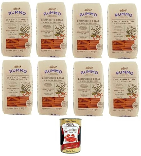 Italian Gourmet Pennette Rigate N°70 Pasta 8 x 300g, glutenfreie Nudeln | Con lenticchie e riso integrale; senza glutine, kochfest, lecker für sughi, Gesamtnettogewicht 2,4 kg + Kostenlos Polpa 400g