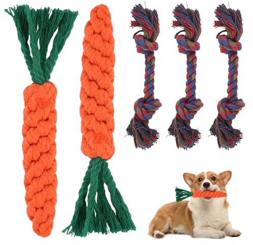 RISF 5 Stück Hundespielzeug Karotte und Puppy Hundespielzeug Seil, Spielzeug für Kleine Hunde Mittlere, Karotte Spielzeug für Interaktives, Karotte Hundespielzeug Welpen, Geflochten Seil Spielzeug