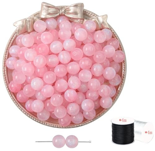 ftiemlovde 50 Rondes Perles pour Bracelet,Oeil Collier Perle Pierre Naturelle pour Bijoux (Rose Scintillant 10mm)