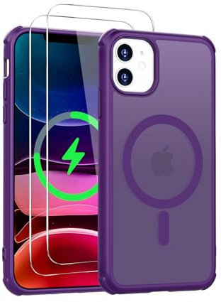 Iokmax Magnetic for iPhone 11 Case [Compatible with MagSafe] with 2X Screen Protector, Military-Grade Slim Shockproof Phone Cover Translucent Matte Anti-Fingerprint for iPhone 11 6.1'', Purple