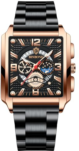 JewelryWe Herrenuhr Edelstahl Rechteckige Uhr: Herren 30m Wasserdicht Kalender Analog Quarz Armbanduhr Männer Schwarz Edelstahlarmband Leuchtend Geschäft Lässige Uhr mit Rosegold Eckigem Gehäuse