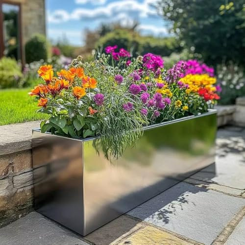 1.2m/1m/75cm/70cm Zinc Galvanised Trough Planter | No Assembly Needed | Lightweight (Silver, L100cm x W40cm x H40cm)