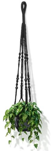 LLOUSSAK Macrame Plant Hanger Indoor, Hanging Planters for Indoor, No Tassel Hanging Plant Holder with Wood Beads, Crochet Boho Flower Pot Holder for Home Decor 35 Inch Black