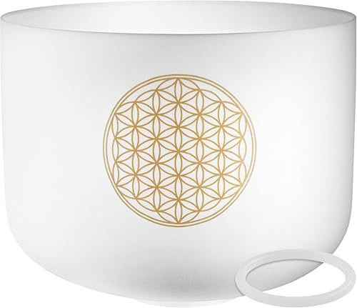 Sonic Energy 16 Flower of Life Crystal Singing Bowl (PCSB16FOL) | Ton C3, 128 Hz, 40x40x29,5 cm, Blume des Lebens Symbol, inkl. Silikonring, Quarz (white-frosted)