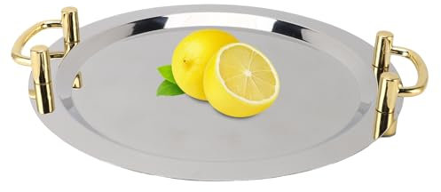 Bandeja para Servir de Acero Inoxidable, Exquisita Bandeja para Alimentos Pulida con Espejo con Asa de Transporte Dorada, Bandeja de Cocina Irrompible Apta para (Redondo