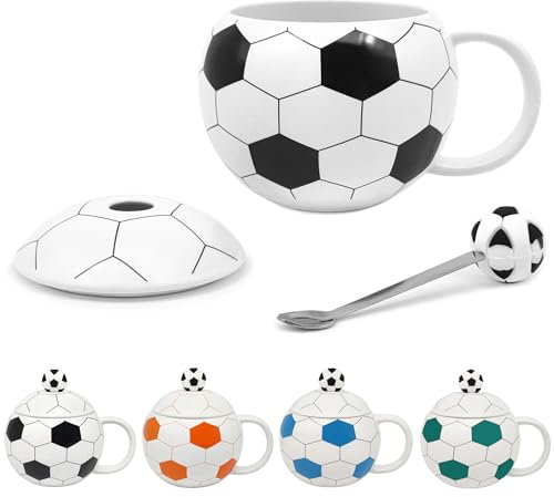 Cute Mugs 14 fl oz Unique Ceramic Coffee Mug with Lid and Spoon, Funny Mugs Cereal Bowl Soccer Gifts for Coaches Fans Players, Gag Sports Cool Stuff Cups Soccer Mom Teacups Retirement Gifts, Black