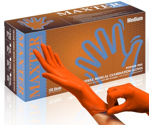 MAXTER Puderfreie Nitrilhandschuhe 7.0, 100 Stück, Größe M, Orange/Box mit 100 Handschuhen