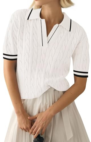 LACOZY Hauts d'été à manches courtes pour femmes Col à revers Col en V Polo Pulls Chemises Décontractés Légers Tricot côtelé Blouses de bureau, blanc, L