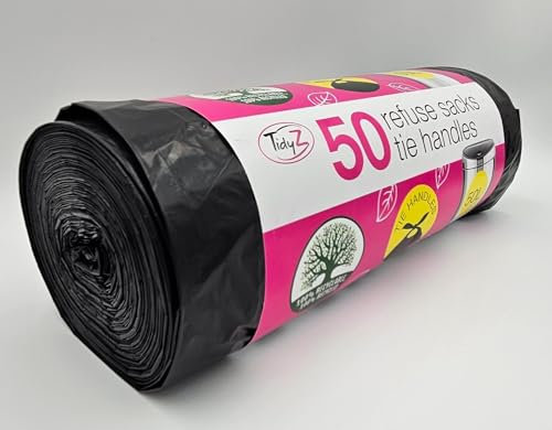 TidyZ 50 Black Refuse Bin Bags Liners with Tie Handles - 50L Tear Resistant Leakproof. Extra Strong Dustbin Roll For Kitchen Office DIY Clearance Garden Waste Disposal (1 x Roll 50 Bags)