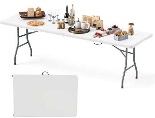KOMFOTTEU Tavolo Pieghevole in HDPE e Metallo, Tavolo Campeggio Richiudibile e Portatile con Maniglia di Trasporto, Tavolo Picnic Salvaspazio per Barbecue, Giardino, Esterno, Carico 160 kg, Bianco
