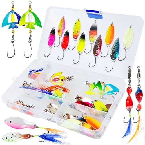 L PATTERN Forellen Spoon Set Forellenköder, 27 Stück UV-Aktiv Kunstköder Spinner Blinker Set, Forellenköder Spoons Kit für Hecht Zander Barsch Forelle