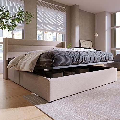 Polsterbett 180 x 200cm, Hydraulisch Doppelbett mit Lattenrost & Bettkasten, Stauraumbett mit hohes Kopfteil, Metallrahmen, Leinen, für Erwachsene & Jugendliche (Beige, Ohne Matratze, 180x200CM)