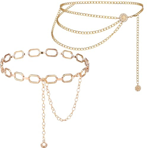 2PCS Gold Chain Belt, Belly Chain for Women, Adjustable Waist Chain, Fashion Gold Belt, Square Hollow Design, Perfect for Party and Daily Wear
