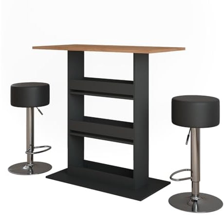 Vicco Bartisch-Set Repose, Goldkraft Eiche/Anthrazit, 110 x 55 cm | mit 2 Barhockern, mit offenem Regal zur Aufbewahrung von Küchenutensilien