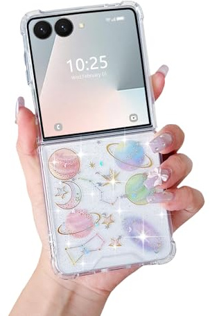 LCHULLE Glitzer Hülle Kompatibel mit Samsung Galaxy Z Flip7 Handyhülle Mädchen Schutzhülle Süße Mond Stern Planet Muster Hülle Silikon Girls Clear Case für Samsung Z Flip7(2025) Transparent
