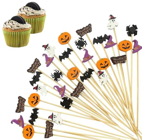 KEQAR 100 Piezas Palillos de Cóctel de Madera Decorativos, Brochetas de Frutas para Picoteos, y Fiestas Temáticas de Terror Halloween