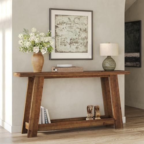 TRIBEWOOD Table console en bois massif de 63 pouces avec étagère à 2 niveaux - Table basse étroite pour canapé, salon, couloir et couloir