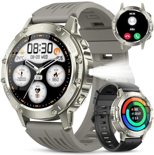 Militär Smartwatch Herren Fitnessuhr mit Telefonfunktion: Wasserdicht Armbanduhr Fitness tracker Bluetooth Anruf Smart Watch mit Herzfrequenz Schlafmonitor Sportuhr Schrittzähler Uhren für Android iOS