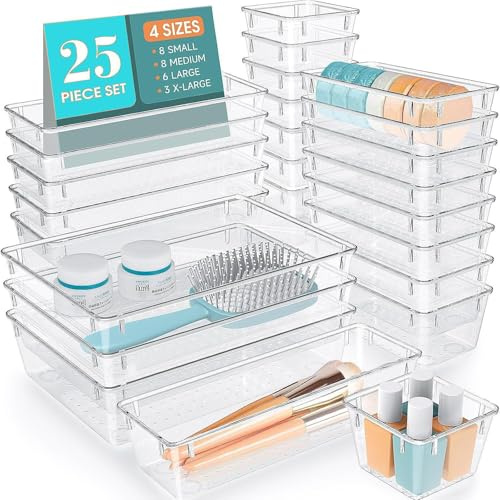 Yogtech 25 Piece Clear Desk Organizer Set - Transparent Plastic Storage Bins & Drawer Dividers - Multipurpose for Office, Home, Cosmetics - Durable Organizing Boxes with 4 Sizes (White)