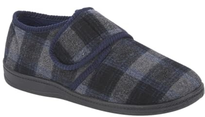 footloose.shoes Diabetic Orthopedic Men's Easy Close Wide-Fitting Touch Close Bar-strap Shoe Slippers Sizes 6-14 (Blue Check, 11, UK Footwear Size System, Adult, Men, Numeric, Wide, 11)