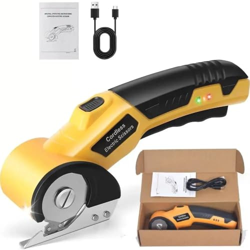 Kartonschneider 4V Elektrischer Schere, Kabellose Rollschneider mit Sicherheitssperre, Universalschneider Wiederaufladbar Rotationsschneider Akkuschere für Papier Pappe Teppich Leder Filz Kunststoff