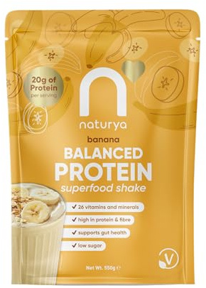Naturya Balanced Protein Superfood Shake Banana 550 g – Plant-Powered Complete Meal Replacement with 20 g Protein, 26 Vitamins & Minerals, Fibre & Low Sugar