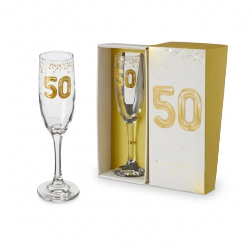 Hox 50th Birthday Champagne Flute Gift – Elegant Gold Balloon‑Style ‘50’ Design, Crystal‑Clear Glass for Prosecco, Champagne & Sparkling Wine – Premium Celebration Keepsake in Gift Box