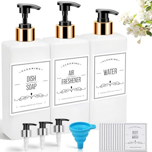 DXiongW 3 Piezas Dispensador Jabon Blanco Botellas de Champú Vacias 500ML Botes Gel y Champu Rellenables para Ducha Baño y Cocina Plástico Dispensador de Jabón Botella de Bomba con Etiquetas y Embudo