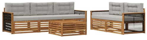 vidaXL Outdoor-Sofagarnitur mit Kissen 6 pcs Natürlich und Hellgrau, Gartenlounge, modernes Ecksofa, Outdoor-Sitzgelegenheit, Terrassenmöbel, gemütliches Set