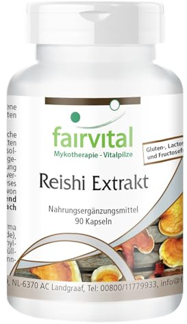 fairvital Reishi Extrakt, 90 Kapseln, schluckfreundlich, HOCHDOSIERT, 500mg pro Kapsel, Ganoderma lucidum, 30% Polysaccharide, VEGAN