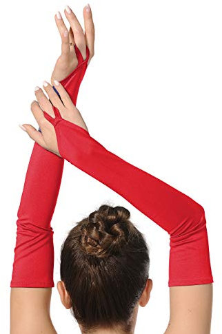 SUPRNOWA Adult Women’s Over Elbow Spandex Fingerless Long Gloves Costume Glove One Size Fits All (Red)